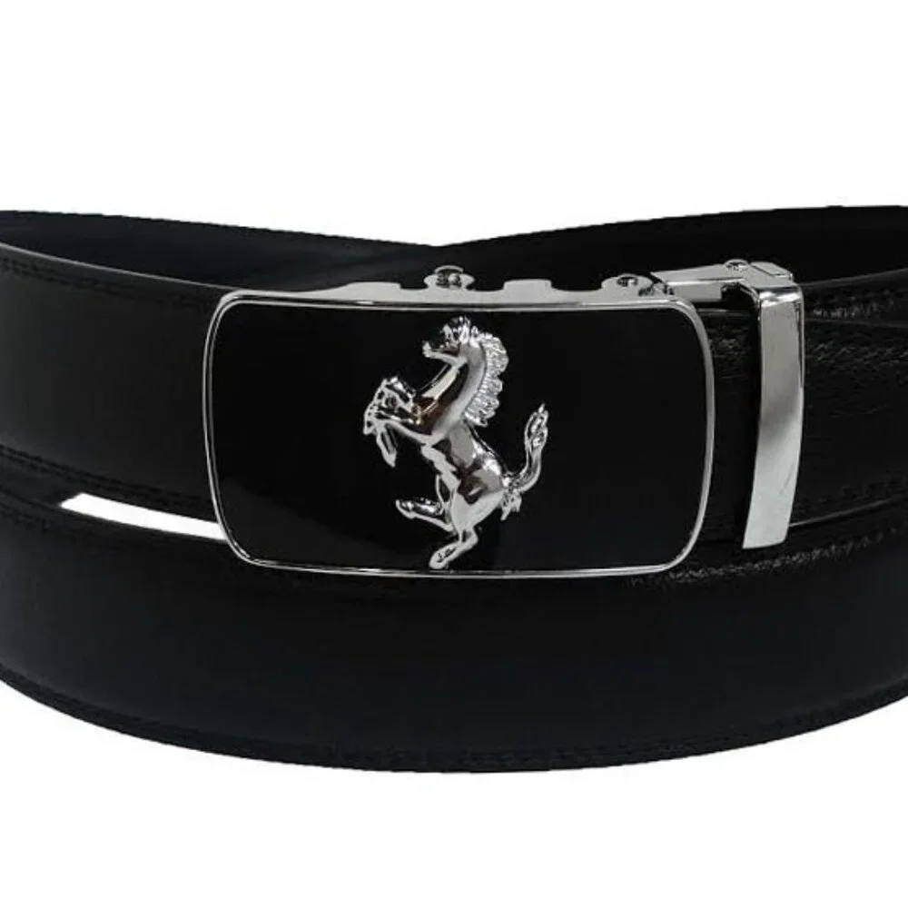 Black Leather Belt Automatic Silver Horse Head Buckle Slide Belts No Hole Silver